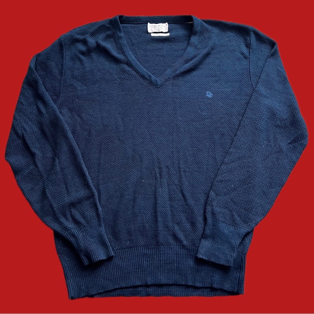 Vintage Christian Dior 100% Orlon Acrylic Knit V Neck Sweater Navy